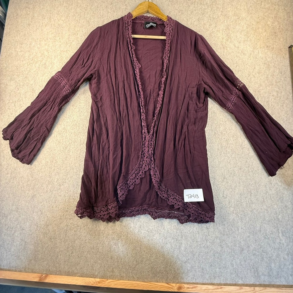 Angie Purple Crochet Lace Trim Open Front Gauze Cardigan Bell Sleeve Boho Top